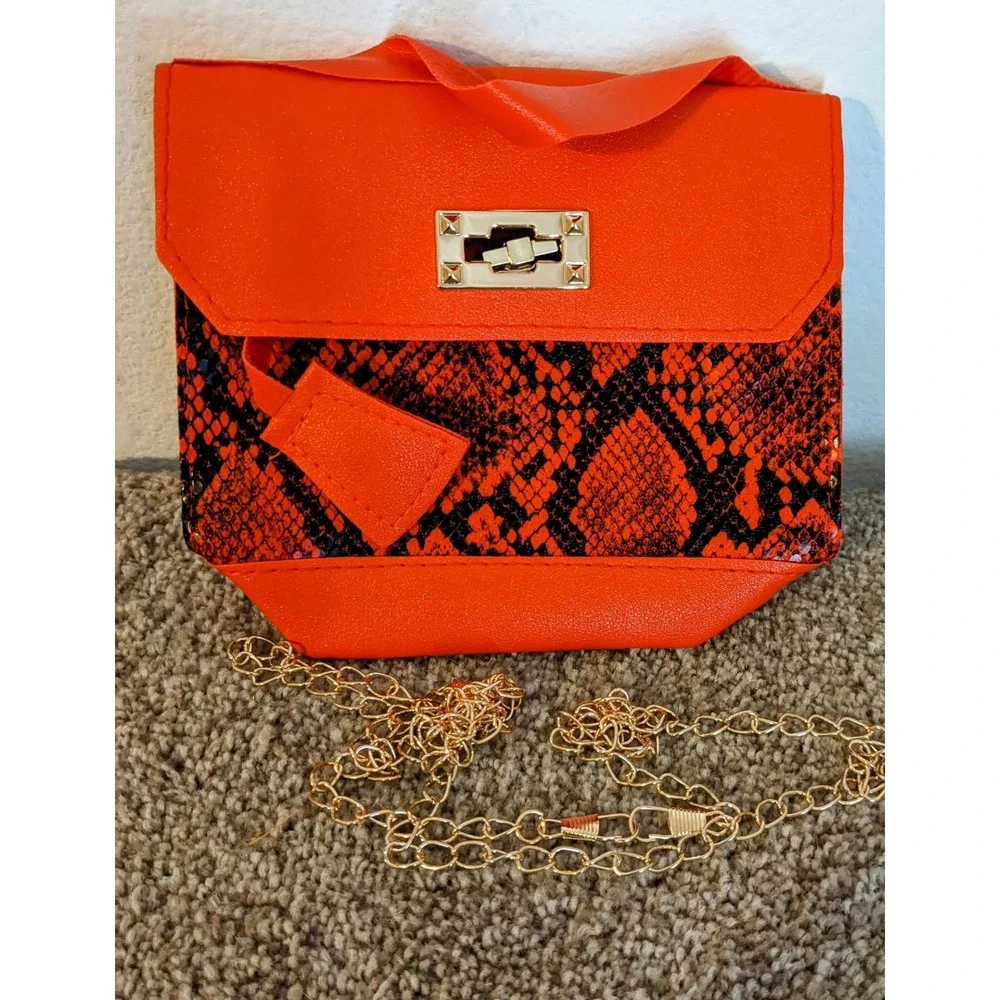 Snakeskin Red‎ Crossbody Bag Gold Chain Strap Party Clutch PU Leather NEW